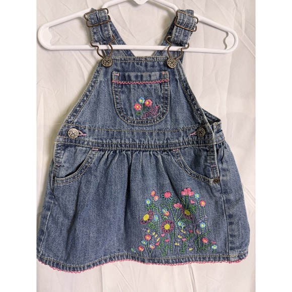 OshKosh B’gosh Other - Vintage Baby Girls Oshkosh Denim Floral Embroidered Jumper Dress Size 12 Months